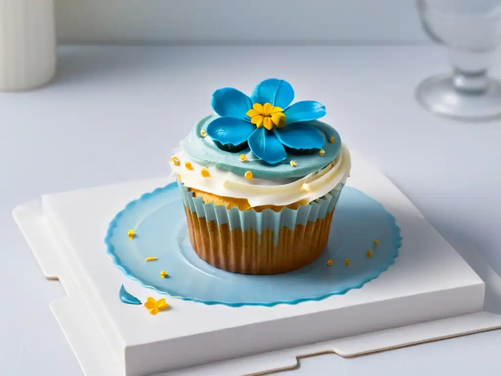 Delicado cupcake con frosting perfecto y colorido, sobre un plato blanco moderno