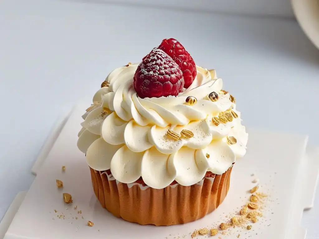 Delicado cupcake con frosting perfecto, detalles en oro y frambuesa, en fondo blanco