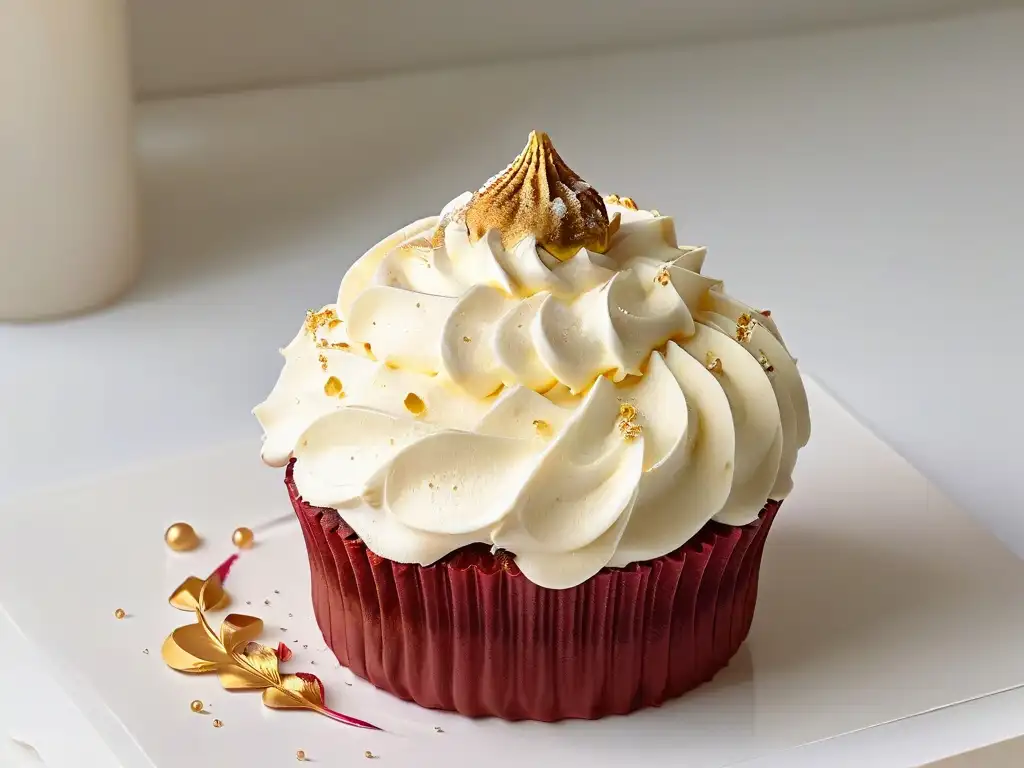 Delicado cupcake con frosting perfecto, hojuelas de oro y frambuesa fresca sobre fondo blanco