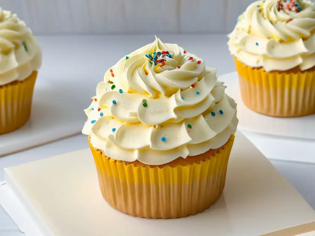 Delicado cupcake con frosting perfecto y detalles precisos, sobre fondo blanco