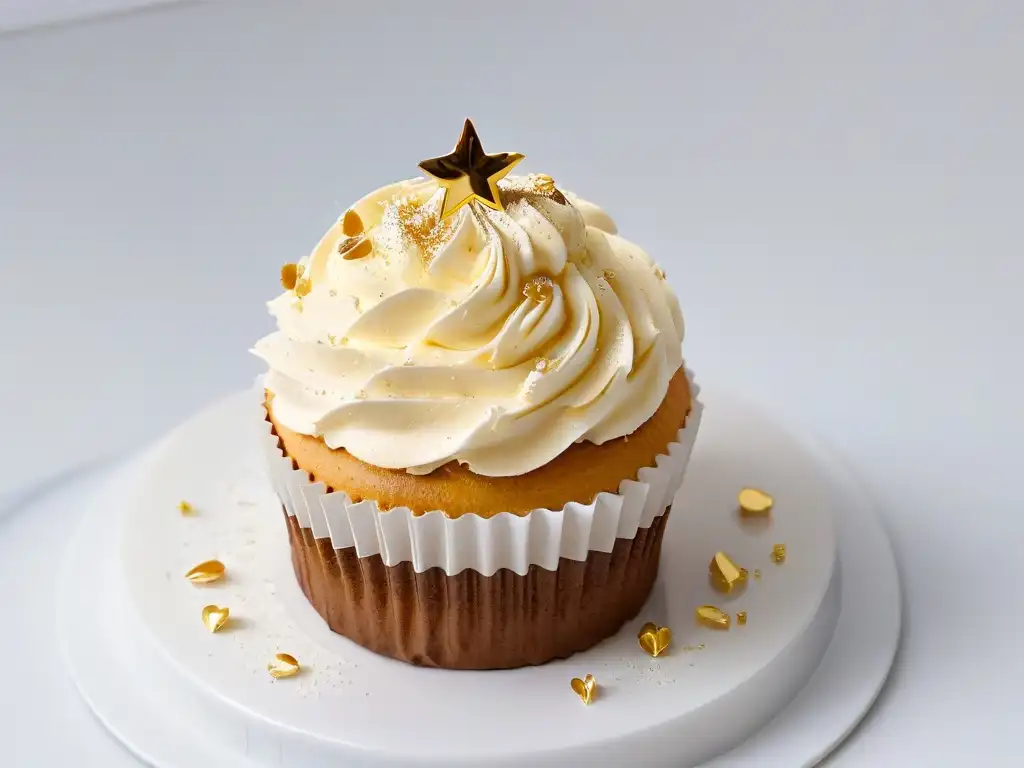 Delicado cupcake con frosting perfecto y láminas de oro comestible, en fondo blanco