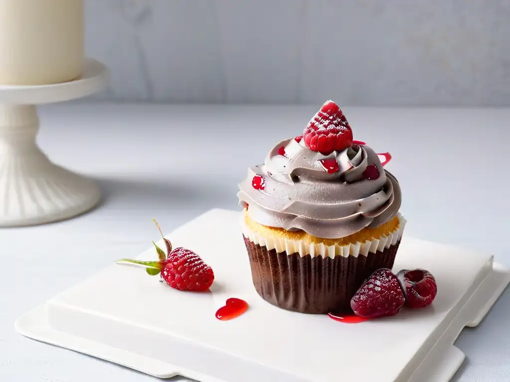 Delicado cupcake glaseado con frambuesa fresca en plato blanco, inspirando repostería ecofriendly y recetas sencillas