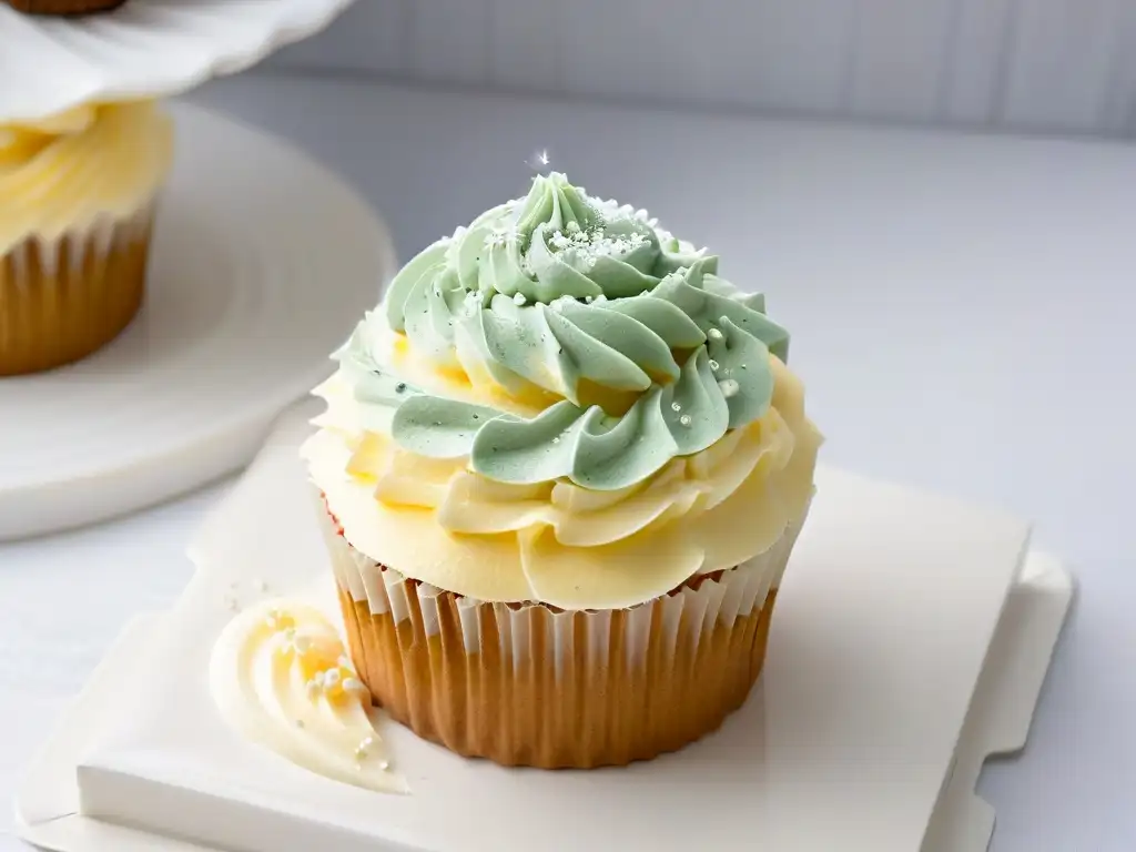 Un delicado cupcake con glaseado pastel y detalles elegantes