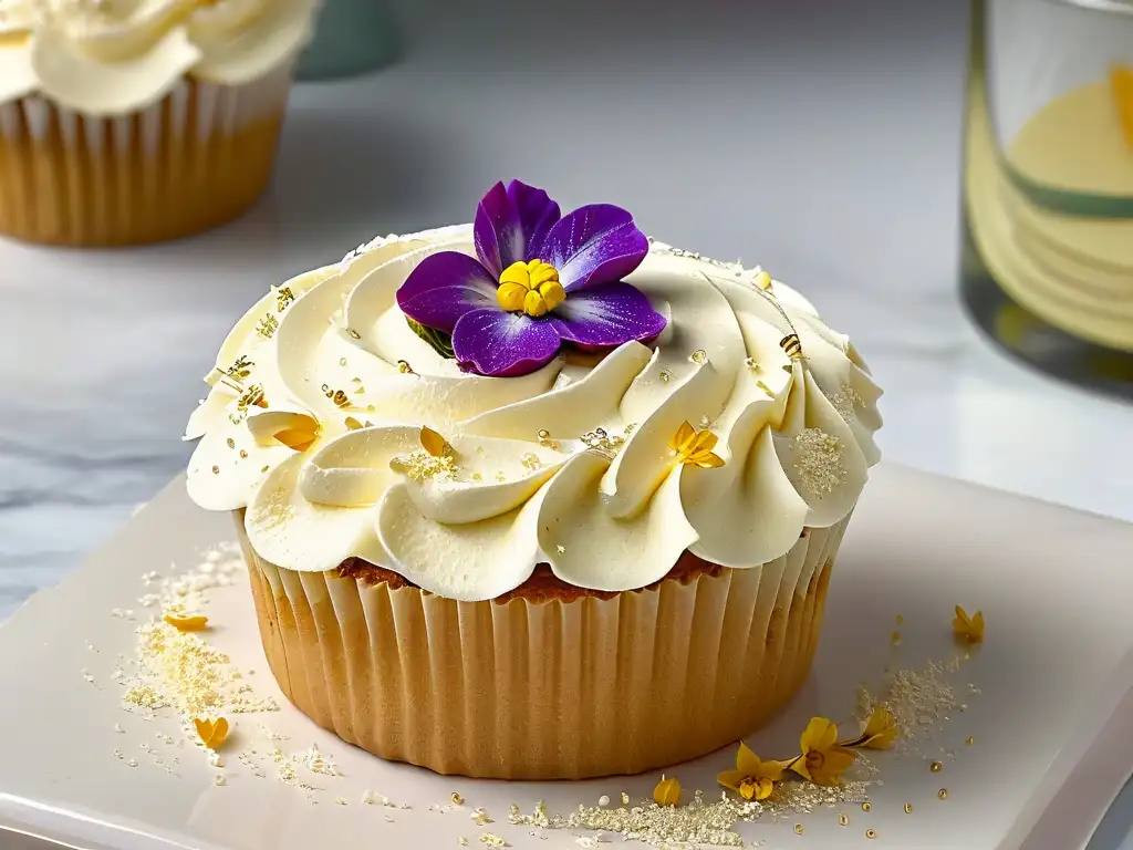 Delicado cupcake sin gluten decorado con flores comestibles y hojuelas doradas en encimera de mármol