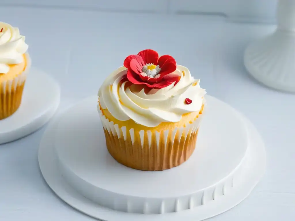 Delicado cupcake sin gluten decorado con arte floral comestible, sobre fondo blanco