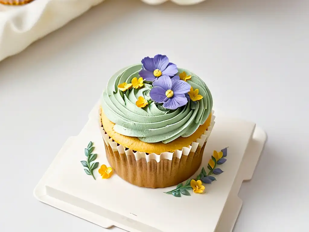 Delicado cupcake sin gluten decorado con innovaciones en repostería, flores comestibles y hojas doradas sobre fondo blanco