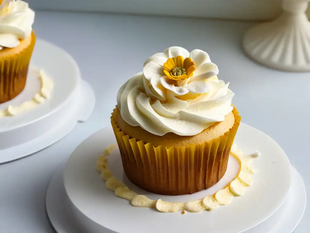 Delicado cupcake sin gluten con flor comestible y polvo dorado en plato blanco, perfecto para taller repostería sin gluten