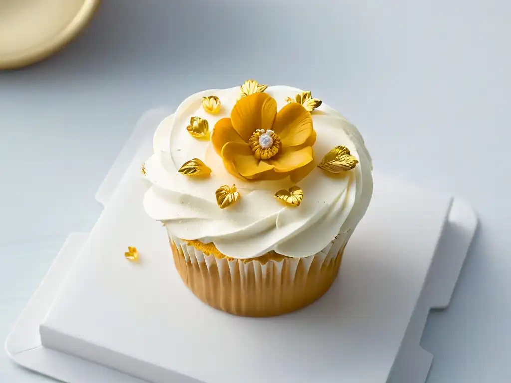 Delicado cupcake sin gluten con flores comestibles y pan de oro, muestra tendencias repostería sin gluten 2023