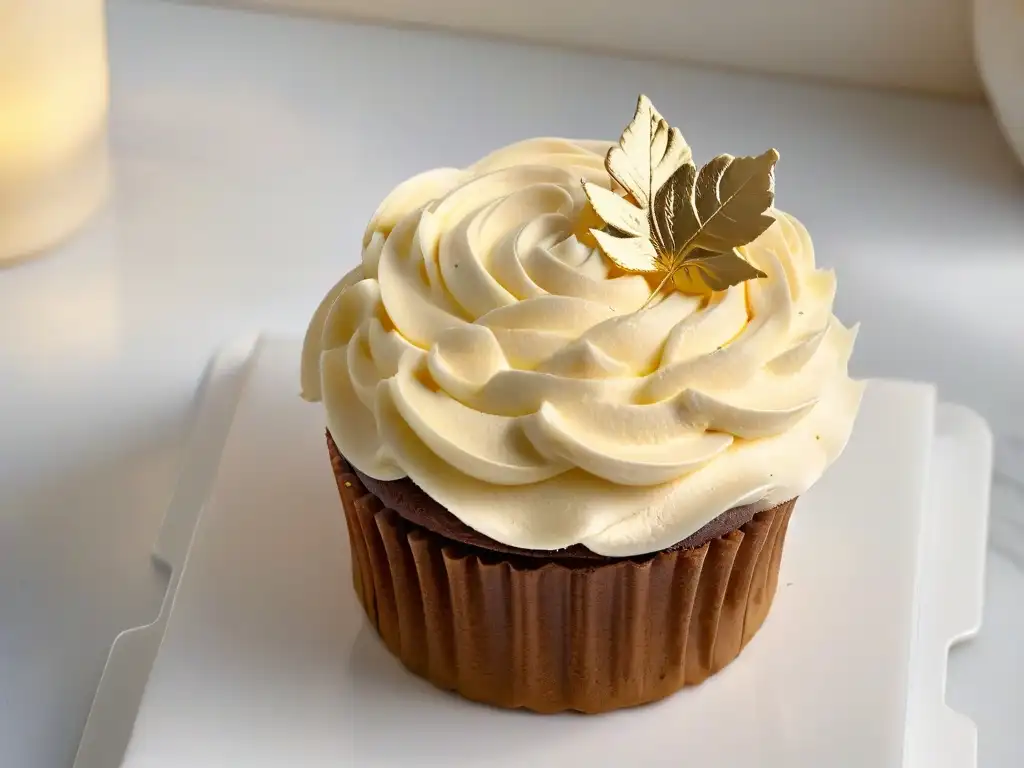 Delicado cupcake con swirl de buttercream y hoja dorada, en encimera de mármol blanco iluminado naturalmente