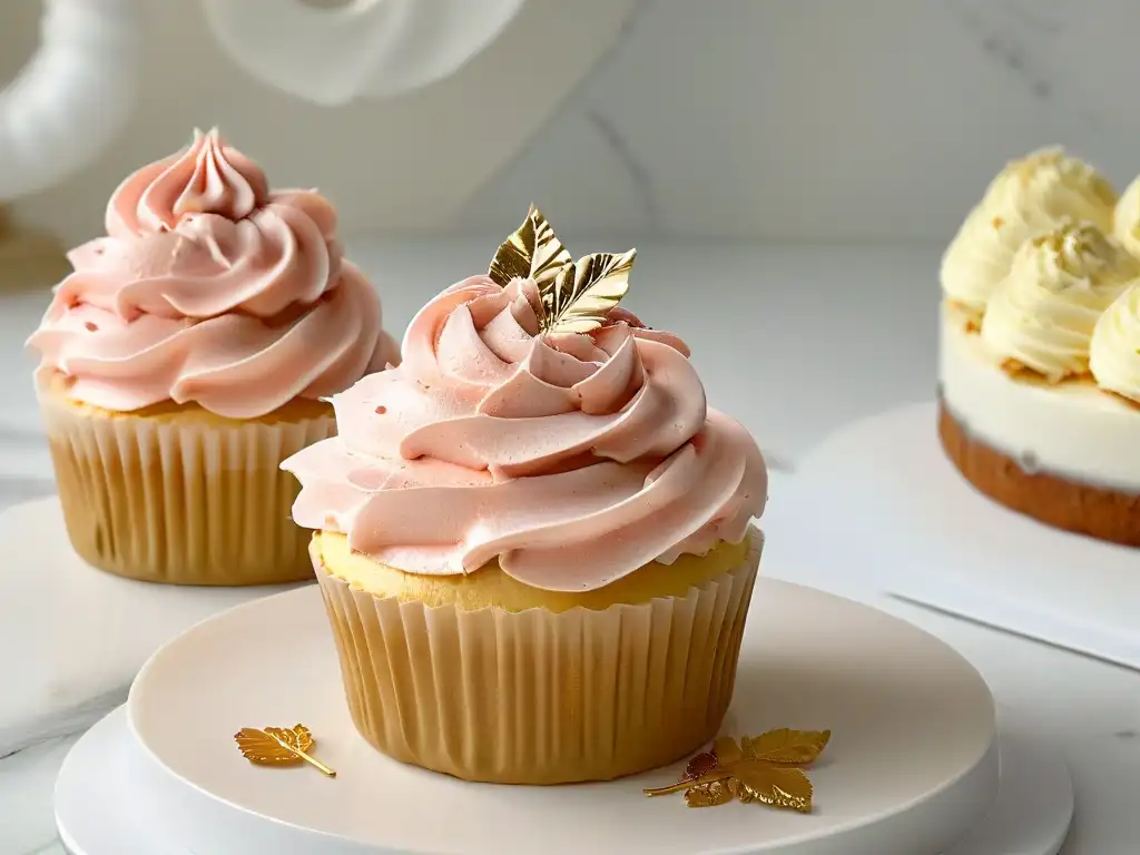 Delicado cupcake con swirls de buttercream rosa y una hoja dorada, en elegante encimera de mármol blanco