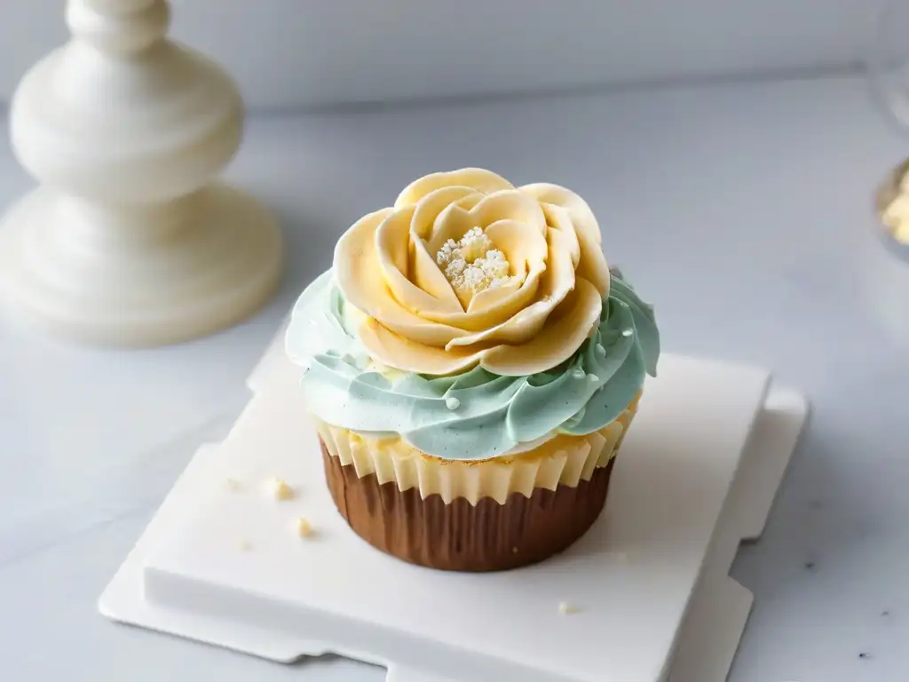 Delicado cupcake con swirls de buttercream pastel, flor comestible y hojuelas doradas sobre mármol blanco