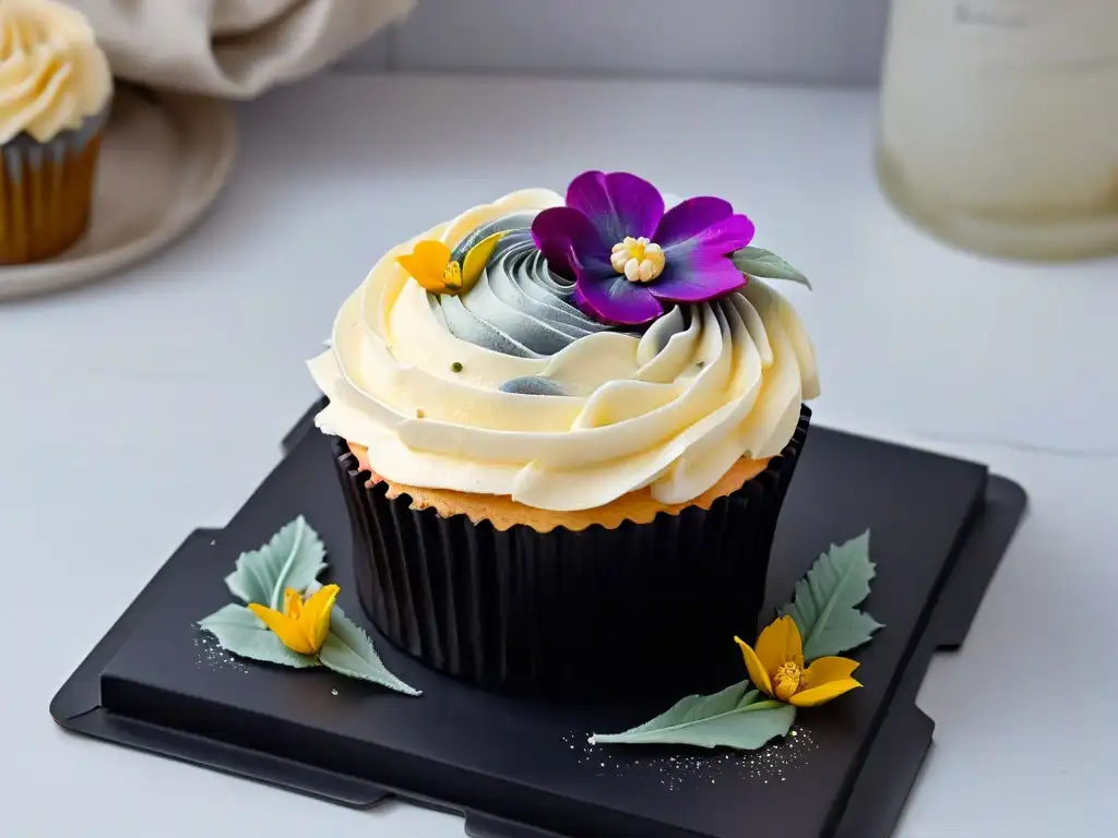 Delicado cupcake con decoración pastel y flores comestibles sobre plato negro