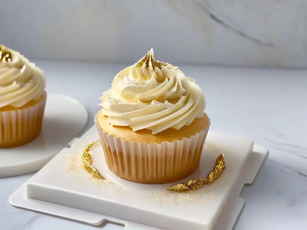 Delicado cupcake dorado con brillo y glamour Delicado cupcake con swirls pastel, hoja dorada y glitter comestible