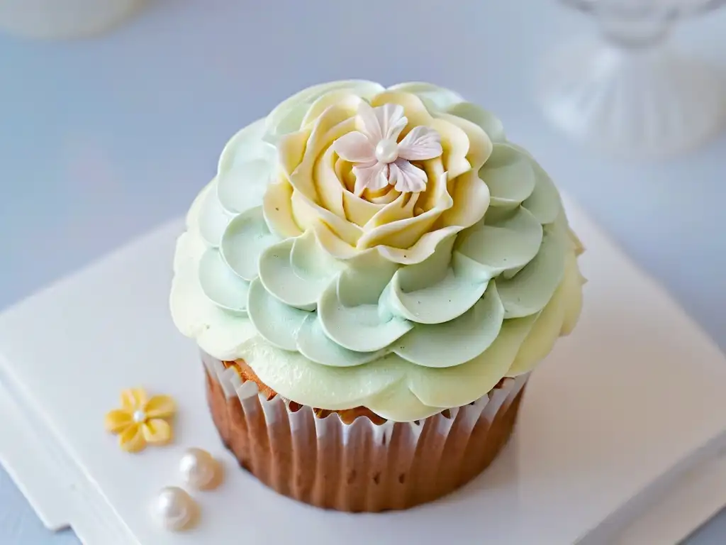 Delicado cupcake con swirl de buttercream pastel y perlas comestibles, sobre porcelana blanca