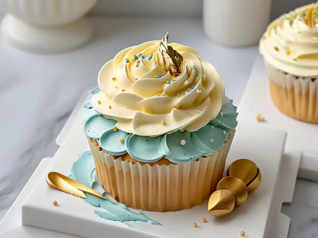 Delicado cupcake con swirls de buttercream pastel, sprinkles y hoja dorada en encimera de mármol blanco