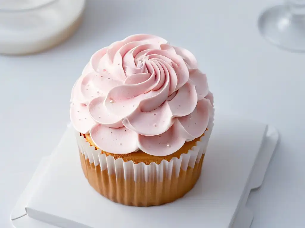 Delicado cupcake rosa con perlas sobre fondo blanco