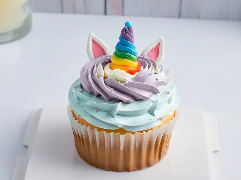 Delicado cupcake temático de fiestas infantiles con detalles de unicornio y arcoíris, sobre fondo blanco