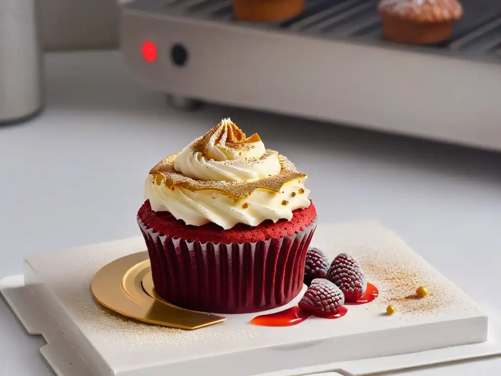 Delicado cupcake de terciopelo rojo con frambuesa y polvo dorado, en cocina de panadería