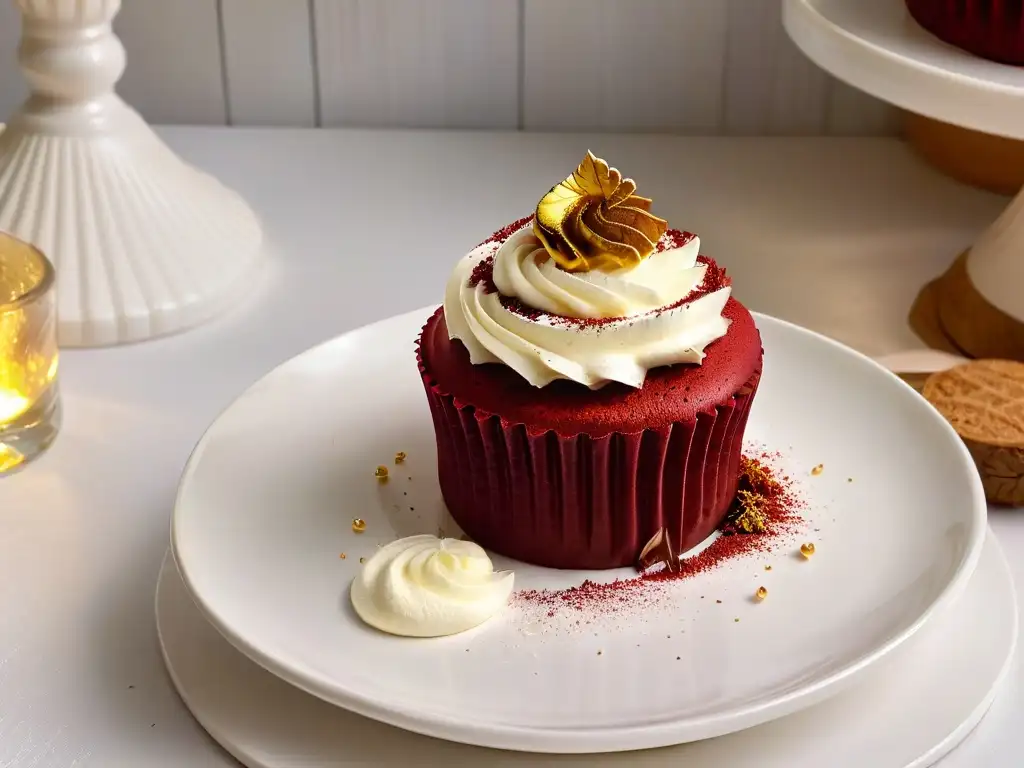 Delicado cupcake terciopelo rojo con frosting de queso crema, decorado con migajas y hoja dorada comestible, sobre plato blanco