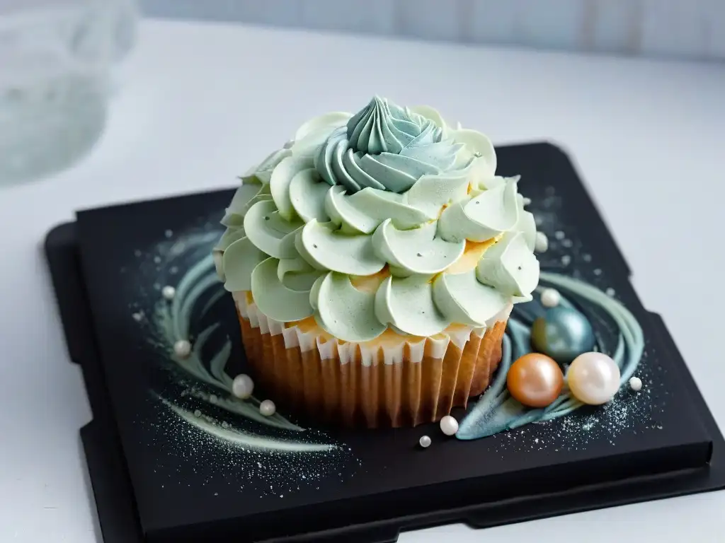 Delicado cupcake con swirls de buttercream en tonos pastel y perlas comestibles, en plato negro