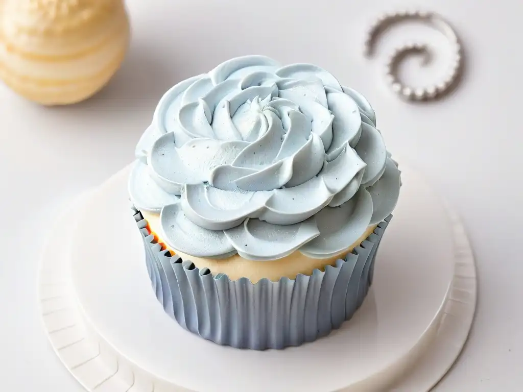 Delicado cupcake con swirls de buttercream en tonos pastel y brillante dragee plateado, sobre fondo blanco