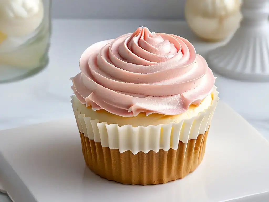 Delicado cupcake de vainilla con swirls de buttercream rosa y una perla comestible