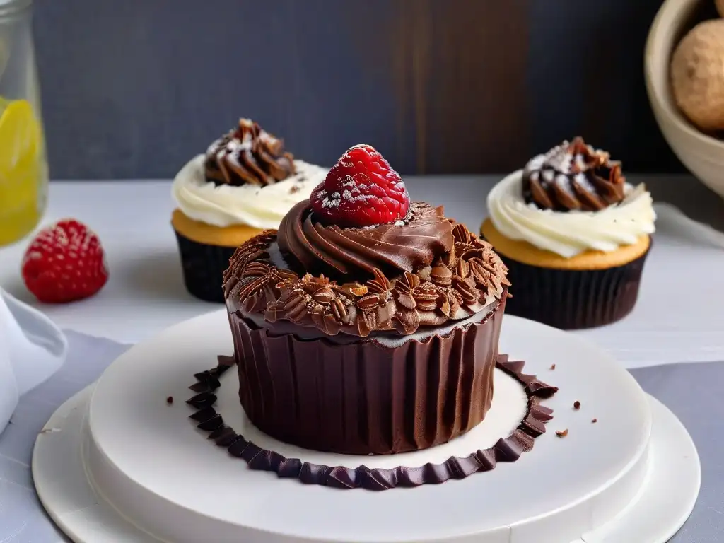 Delicado cupcake vegano con cobertura perfecta de ganache de chocolate, decorado con frambuesas frescas y nibs de cacao