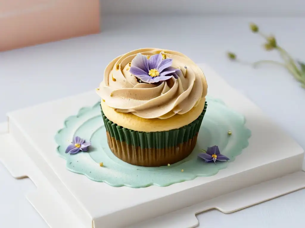 Delicado cupcake vegano decorado con flores comestibles y polvo dorado sobre un plato moderno