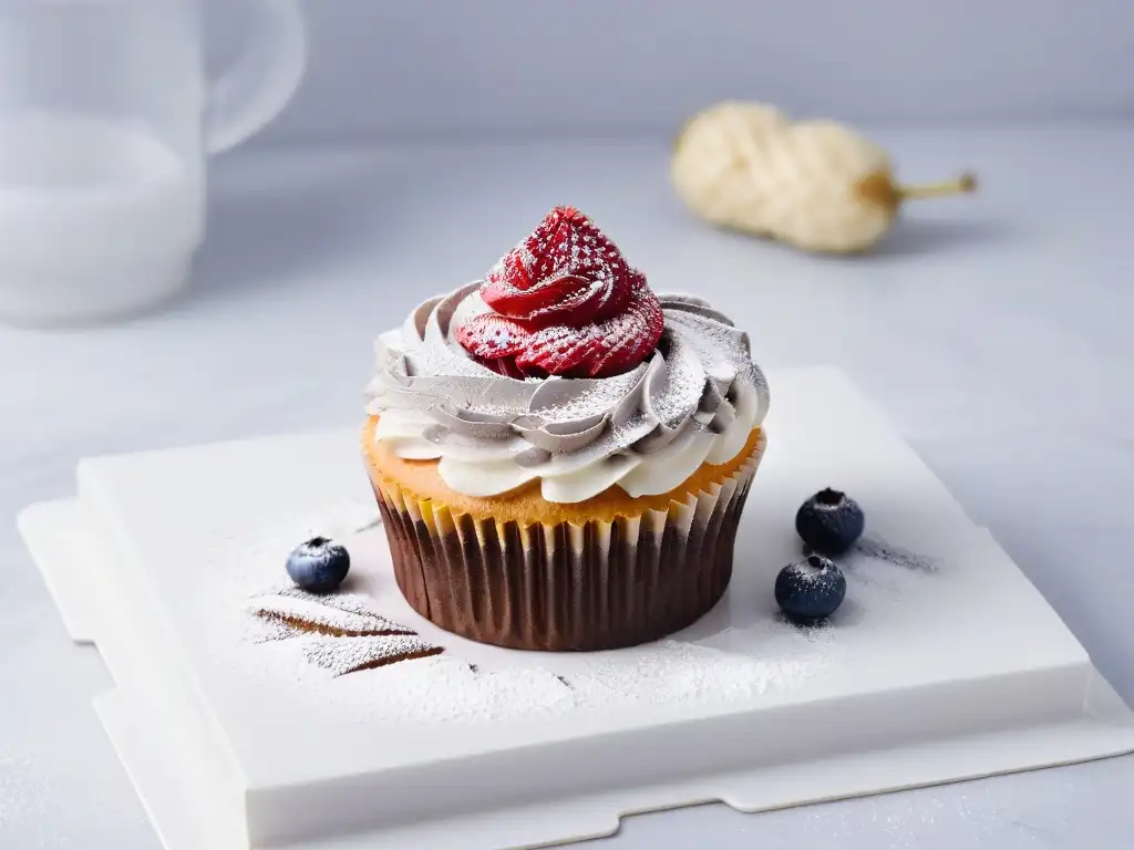 Delicado cupcake vegano decorado, rodeado de frutas frescas, sobre una encimera de mármol