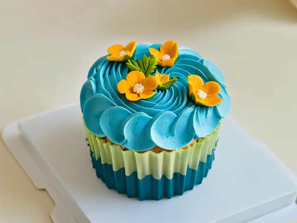 Delicado cupcake vegano con flores comestibles, en fondo blanco