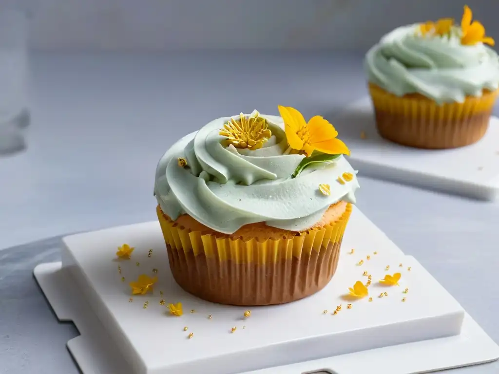 Delicado cupcake vegano con flores comestibles y hojuelas doradas, en encimera de mármol