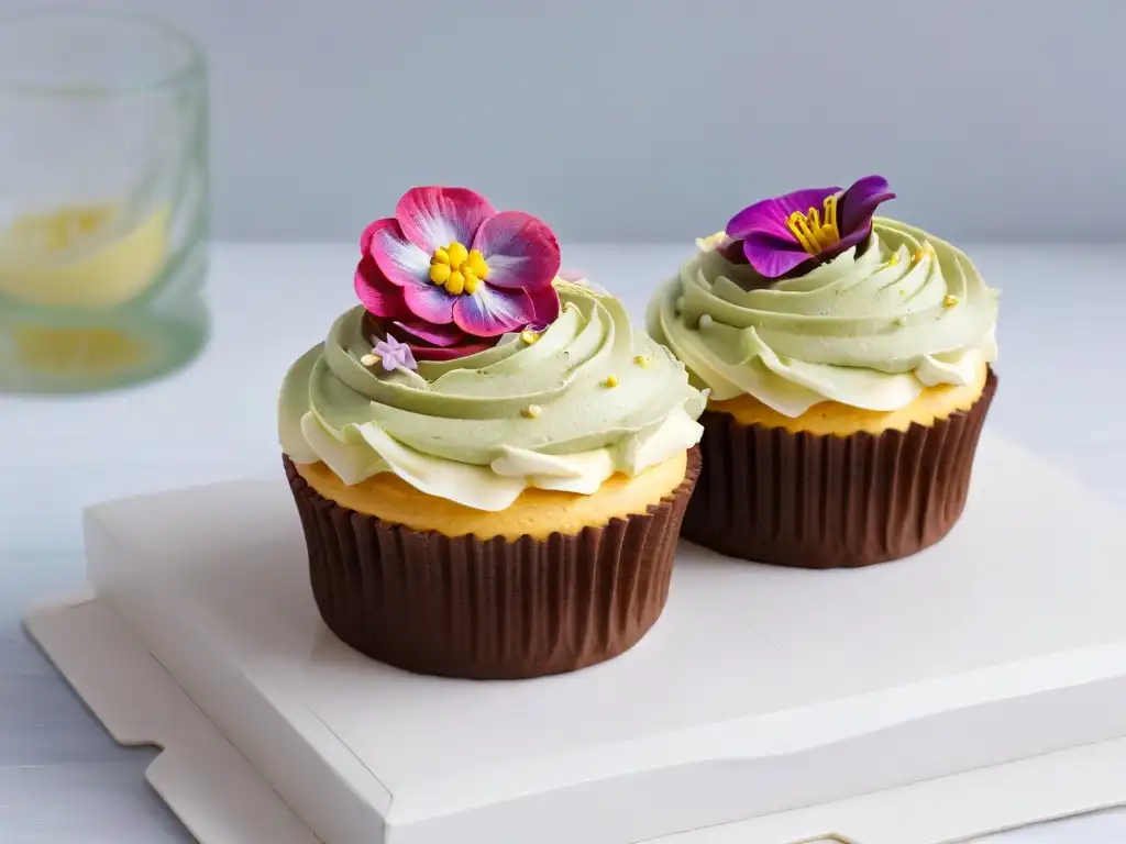 Delicado cupcake vegano sin gluten decorado con flores comestibles y detalles dorados