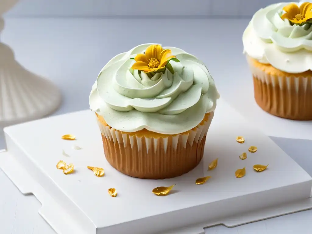 Exquisito cupcake vegano decorado con detalle y elegancia Delicado cupcake vegano gourmet decorado con arte floral y hojuelas doradas sobre fondo blanco