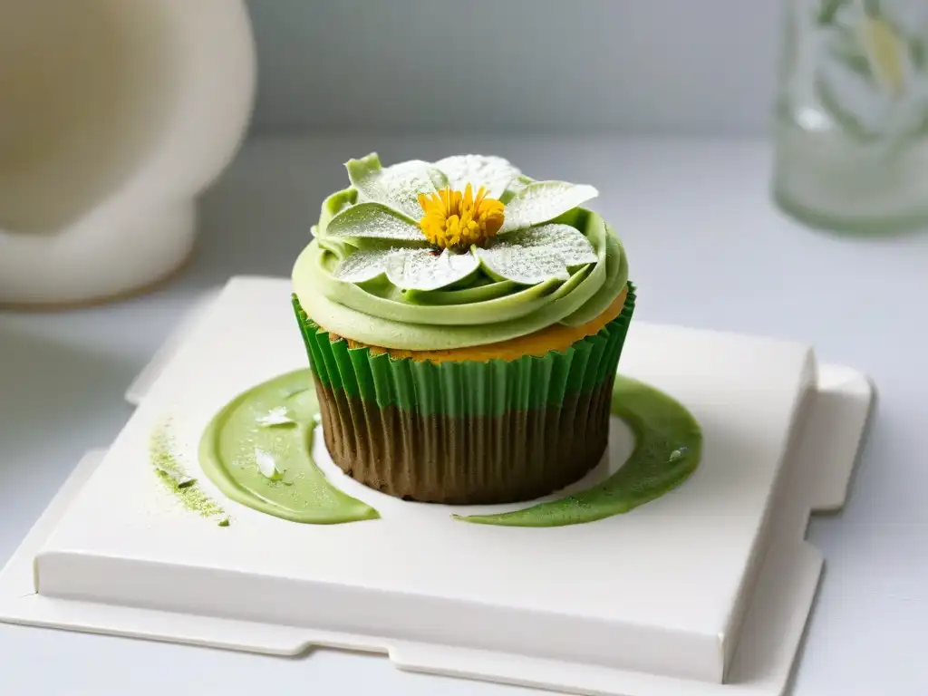 Delicado cupcake vegano con ingredientes innovadores como flores comestibles, polvo de matcha y frosting de crema de coco