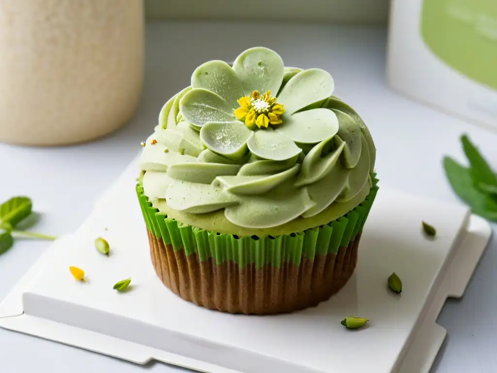 Delicado cupcake vegano de matcha con flor comestible y pistachos, en plato blanco