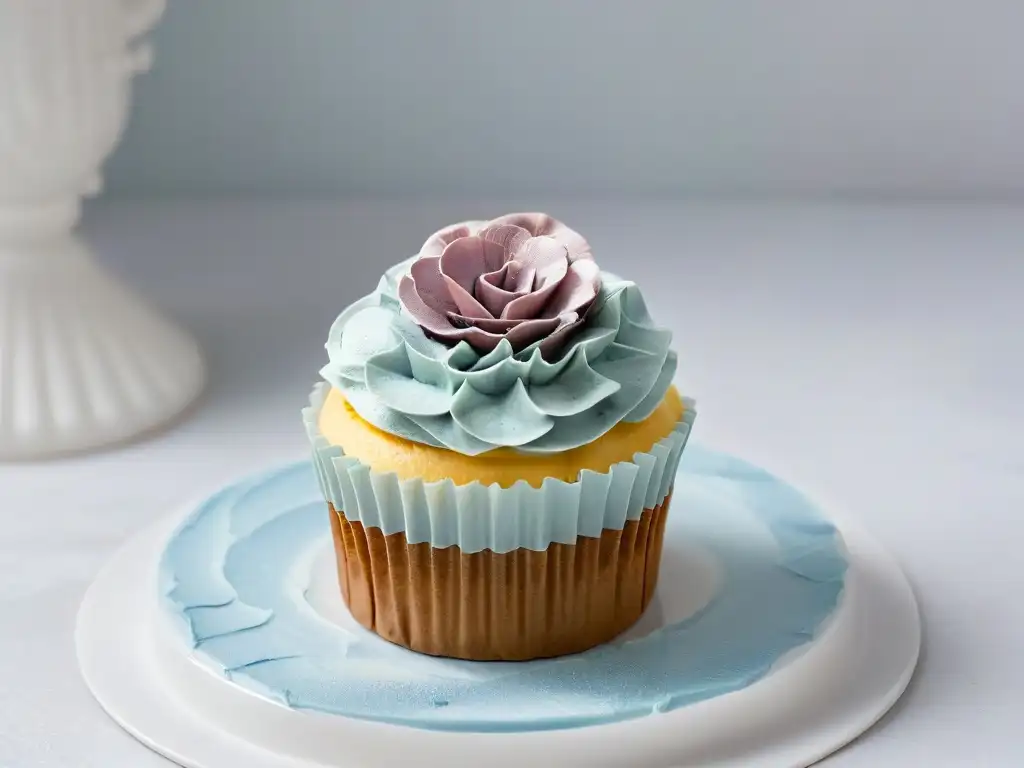 Delicado cupcake vegano con decoración minimalista y brillante en encimera de mármol