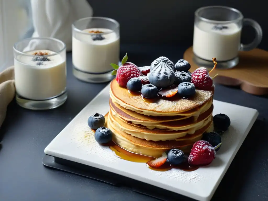 Desayuno saludable y vibrante: pancakes de almendra, yogurt y café Delicado desayuno keto de pancakes de almendra con bayas frescas, yogur griego y café, en mesa de mármol