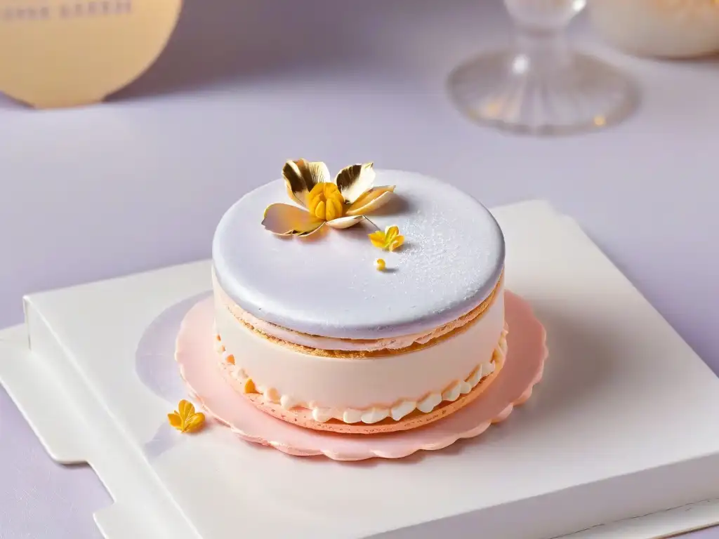 Un macaron delicado y detallado con decoraciones elegantes en colores pasteles y hojas de oro comestibles, en un ambiente elegante