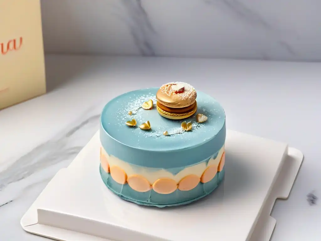 Un macaron delicado y detallado sobre un mostrador de mármol, con colores pastel y detalles en oro comestible