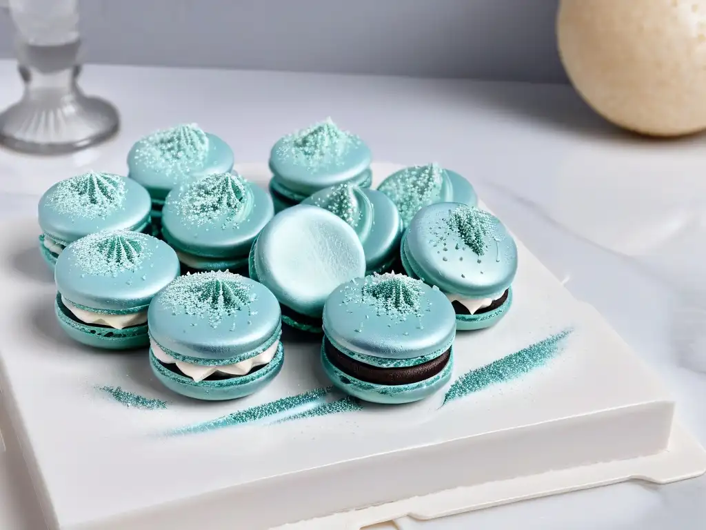 Delicado macaron con detalles brillantes sobre encimera de mármol