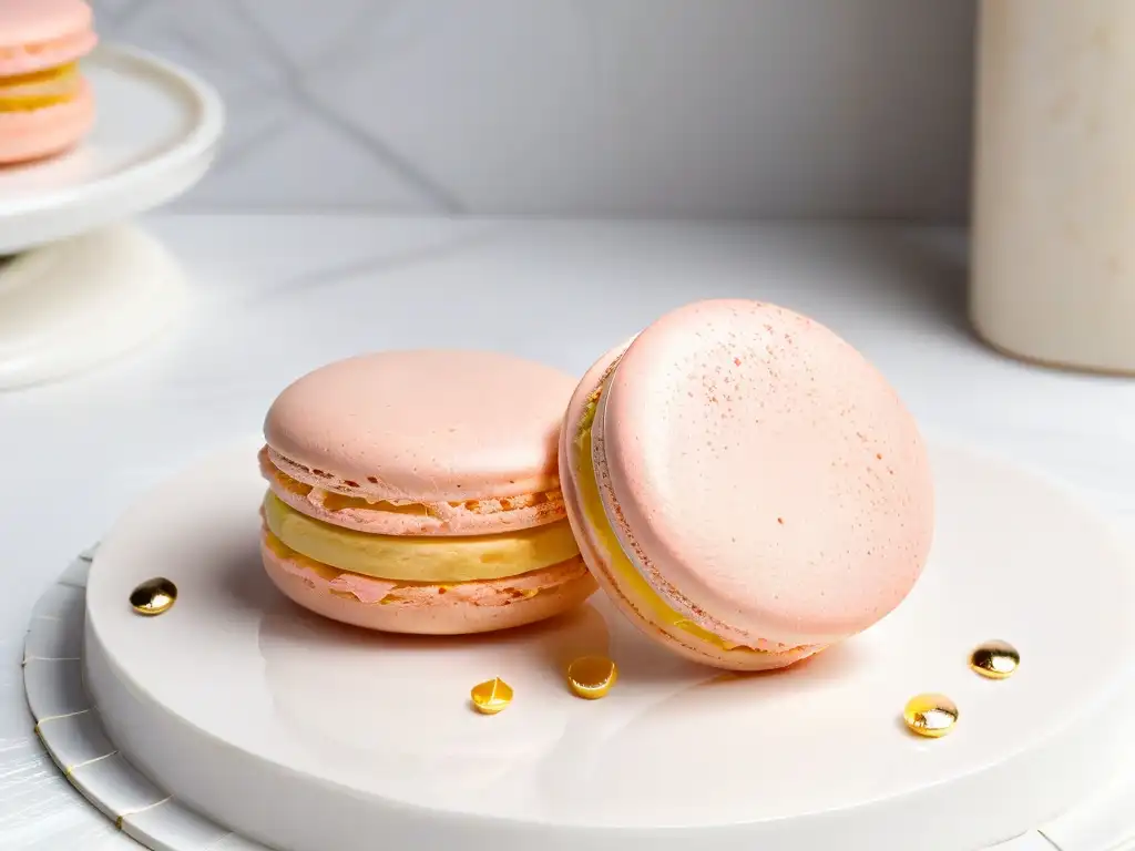 Delicado macaron rosa con detalles dorados en encimera de mármol blanco