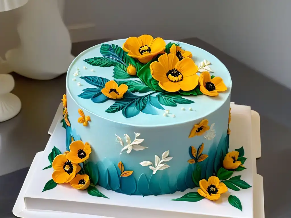 Un delicado diseño floral pintado a mano con pintura comestible sobre un pastel de fondant, exhibiendo elegancia y precisión en la repostería