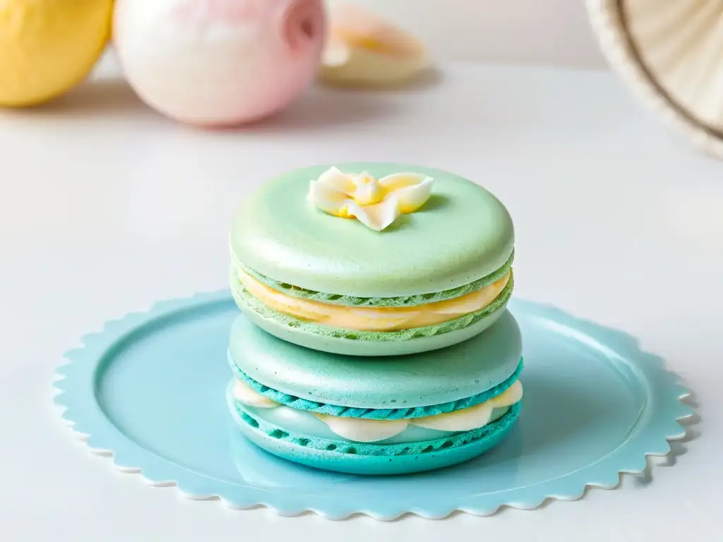Delicado macaron de diseño intrincado en colores vibrantes sobre fondo suave