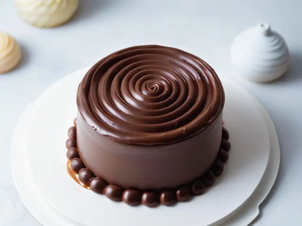 Delicado diseño de remolino de chocolate en superficie brillante, resaltando la elegancia de la repostería con Ingredientes de Comercio Justo