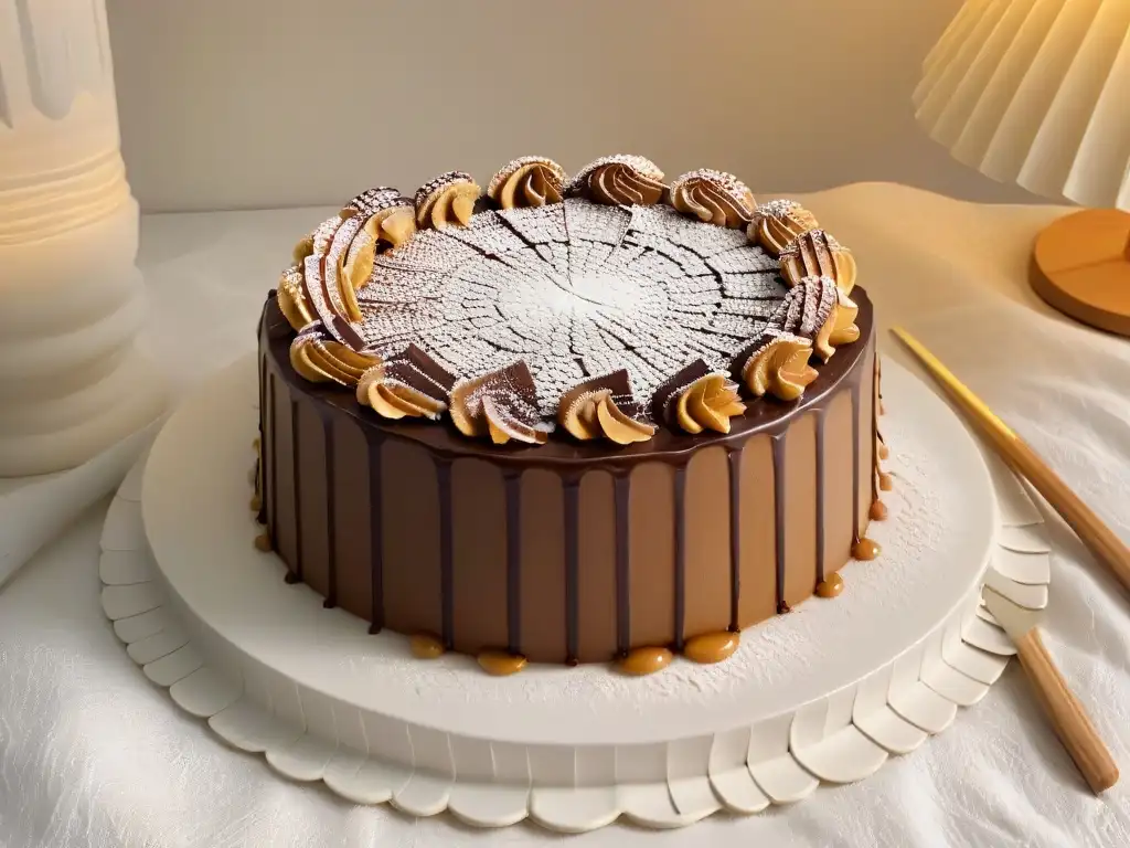 Dobos Torte húngaro: detalle exquisito Delicado Dobos Torte húngaro con capas de bizcocho y crema de chocolate, adornado con caramelo y azúcar glas
