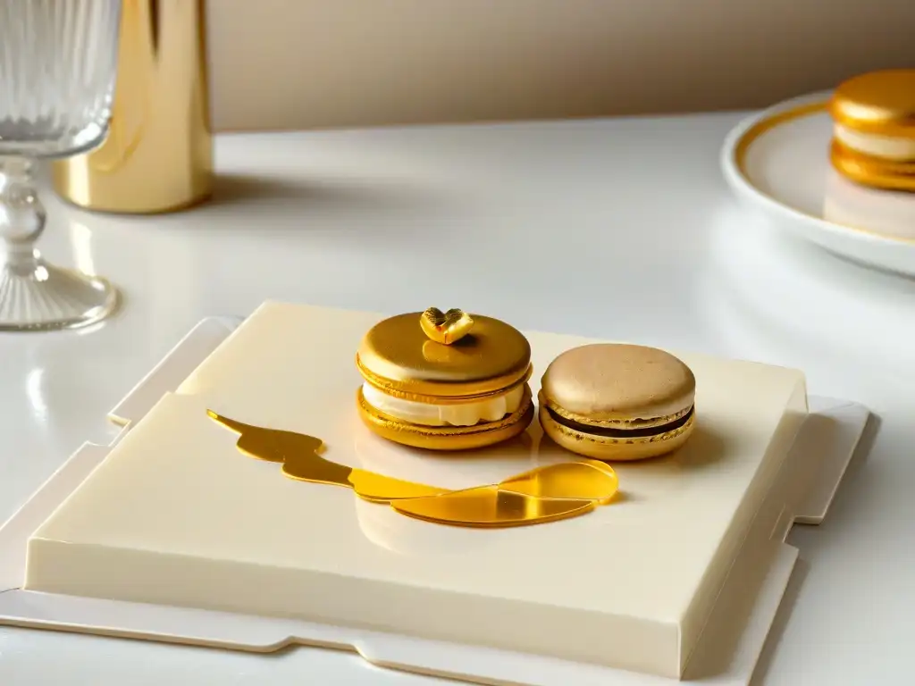 Delicado macaron dorado en diseño de postres minimalistas de lujo