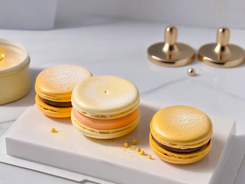 Exquisito macaron dorado sobre mármol Delicado macaron dorado sobre encimera de mármol, revelando secretos para hacer macarons perfectos
