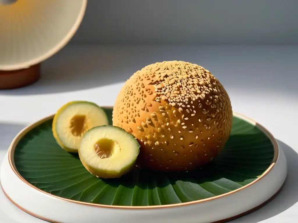 Delicado sesame ball dorado con semillas de sésamo, en plato de porcelana