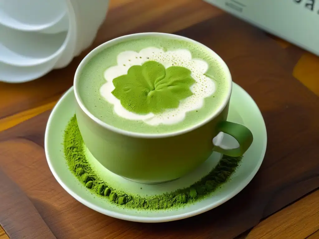 Delicado y elegante té matcha latte en taza blanca, con espuma y polvo de matcha