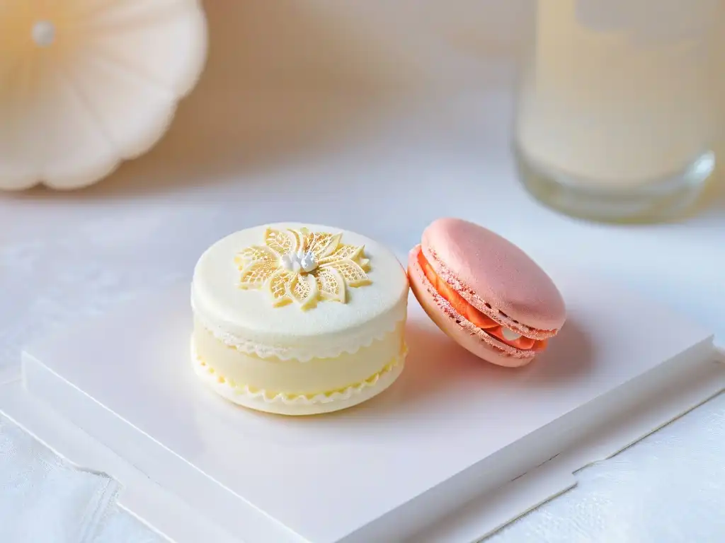 Delicado macaron sobre encaje, reflejando una mezcla de técnicas culinarias repostería francesas y japonesas